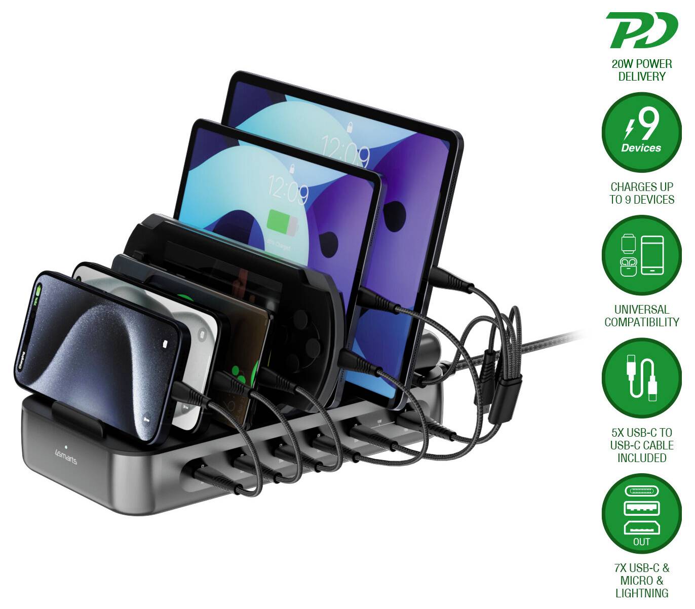 4Smarts Tischladestation 100W USB-A, USB-C®, Lightning, Micro-USB Quick Charge, USB PD Schwarz, Grau Innenbereich USB Power