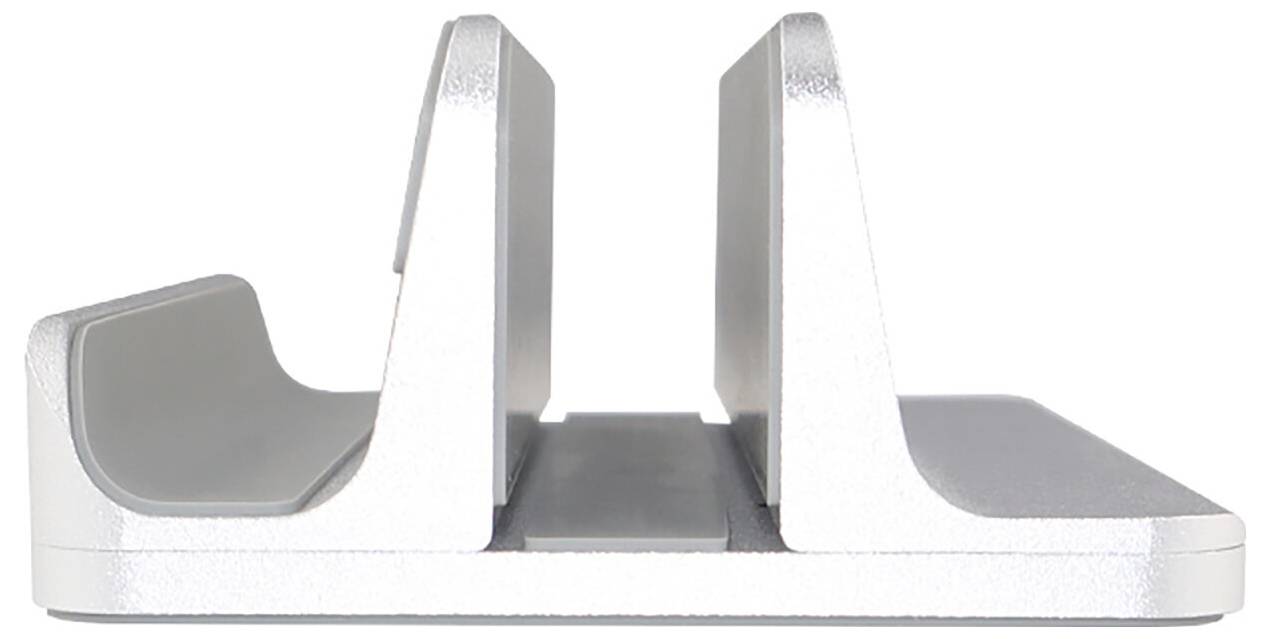 Silberne Metall-Buchstützen mit zwei aufrechten Stützen und grauem gepolstertem Sockel auf weißem Hintergrund.
