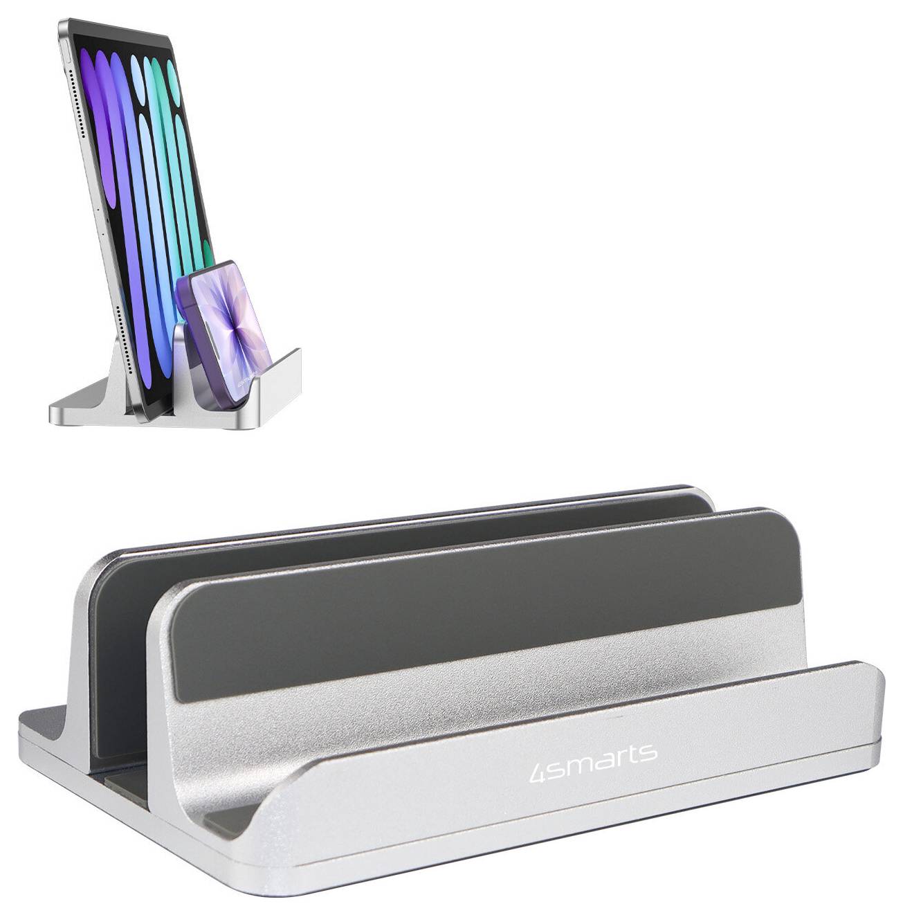Silber 4smarts Tablet- und Smartphone-Ständer mit mehreren Slots, shown holding a smartphone and tablet in the inset illustration.