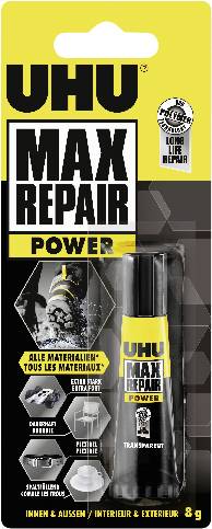 UHU Max Repair Power Klebstofftuben auf gelb-schwarzer Verpackung, beschriftet mit „Max Repair