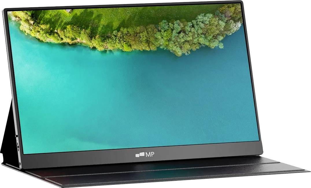 Tragbarer ASUS-Monitor auf einem Ständer, der eine lebendige Luftaufnahme eines grünen Waldes neben hellblauem Wasser anzeigt.