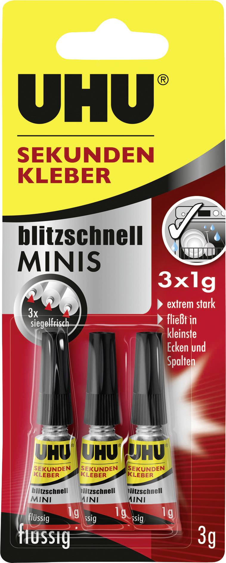UHU Sekunden Kleber 'blitzschnell MINIS' Verpackung mit drei 1g Flüssigsekundenkleber-Tuben, gekennzeichnet mit '3x1g' und '3g'.
