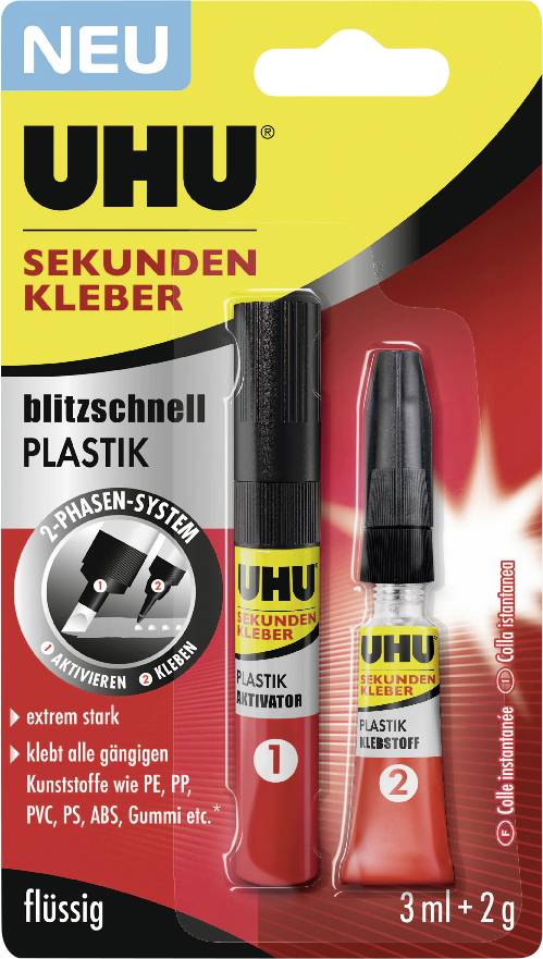 UHU Sekundenkleber Kunststoffkleber-Set mit zwei Applikatorfläschchen, beschriftet mit „blitzschnell PLASTIK