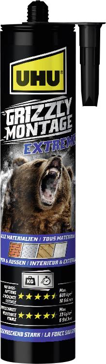 UHU Grizzly Montage Extreme Kleber-Kartusche mit Bärengrafik und angebrachter Applikator-Düse.