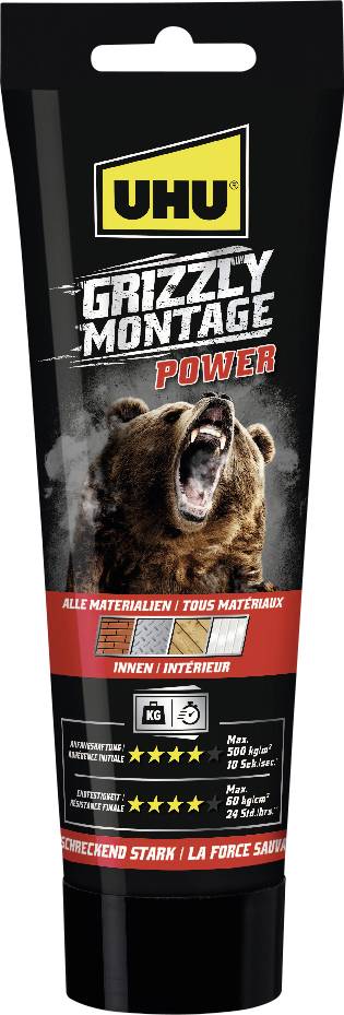 UHU Grizzly Montage Power Klebstofftuben, schwarze Verpackung mit Bärenbild und mehrsprachiger „für alle Materialien