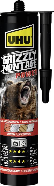 UHU Grizzly Montage Power Klebebstoff-Patrone mit Bärenmotiv und schwarzer Applikationsdüse zur starken Innen-/Außenbefestigung.