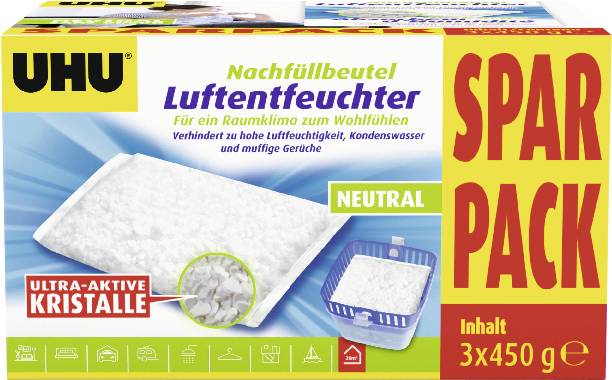 UHU 'Luftentfeuchter' Nachfüllpack neutral mit 3 x 450 g feuchtigkeitsabsorbierenden Kristallbeuteln, dargestellt als 'SPAR PACK' mit Produktabbildung.