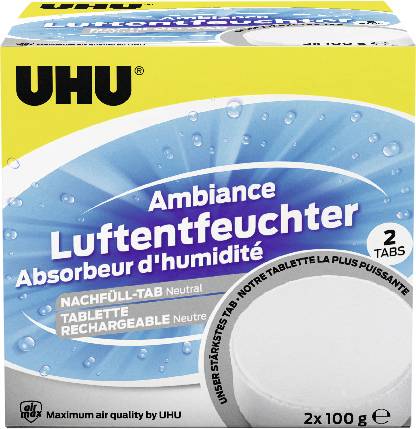 UHU Ambiance wiederaufladbarer Luftentfeuchter Box mit 'Luftentfeuchter' und 'Absorbeur d'humidité' angezeigt, für 2 Tabletten, 2 x 100 g.