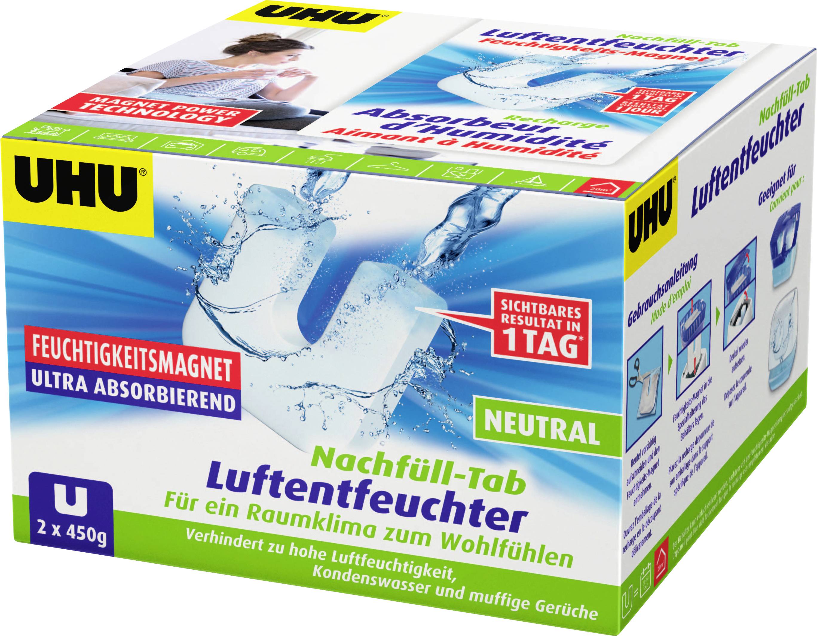 UHU 'Luftentfeuchter' Nachfüllkarton, beschriftet mit 'Feuchtigkeitsmagnet', 'Sichtbares Resultat in 1 Tag' und 'Neutral' zur Reduzierung von Raumfeuchte und Gerüchen.