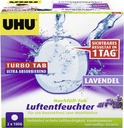 UHU Turbo Tab Lavendel Nachfülltabs für einen Raumluftentfeuchter, 2 x 100 g, mit sichtbaren Ergebnissen in 1 Tag und ultraabsorbierender Formel.
