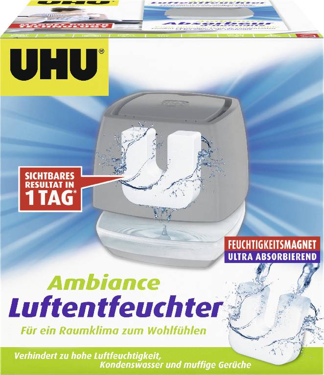 UHU Ambiance Luftentfeuchter auf der Verpackung dargestellt, mit einem weißen U-förmigen Feuchtigkeitsabsorber auf einem Tablett und deutschem Text, der sichtbare Ergebnisse in 1 Tag und ultraabsorbierende Wirkung bewirbt.