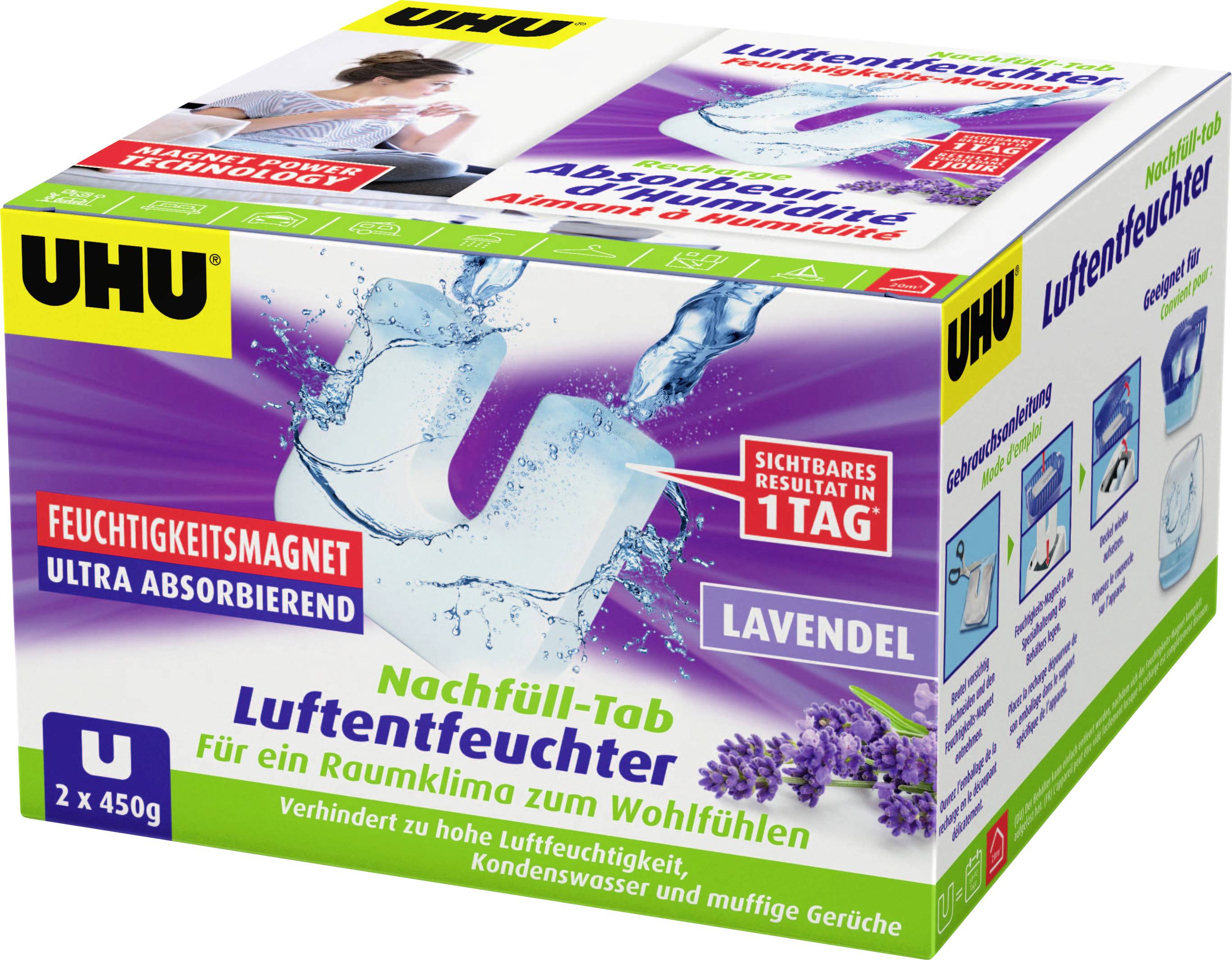 UHU Luftentfeuchter-Nachfülltabletten-Box, Lavendelduft, mit „sichtbares Ergebnis in 1 Tag
