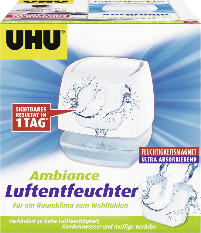 UHU Ambiance Luftentfeuchterbox mit einem weißen Entfeuchter und Text „Sichtbares Ergebnis in 1 Tag
