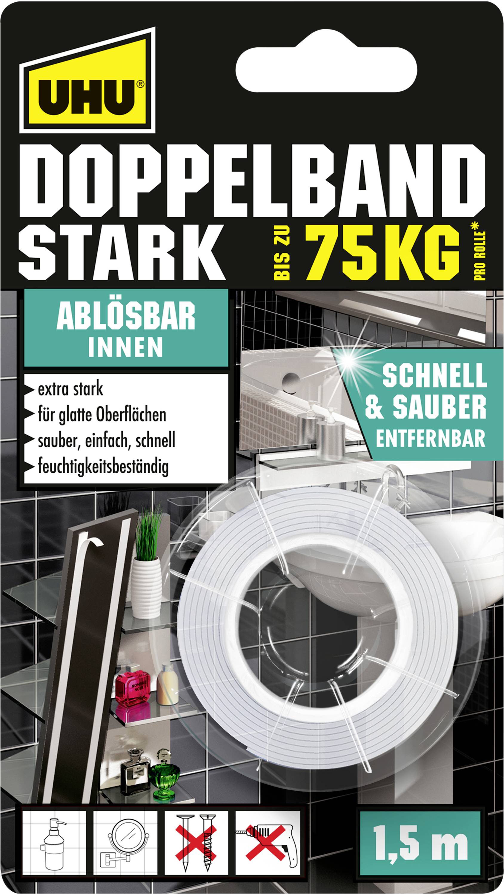 UHU Doppelklebeband Stark, abnehmbares Innenklebeband, hält bis zu 75 kg, 1,5 m Rolle, schnell und sauber ablösbar.