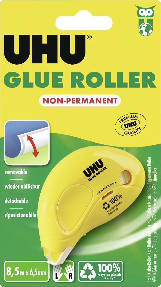 UHU nicht-permanenter Klebestift-Roller-Packung mit einem gelben wiederverwendbaren Klebstoff-Roller, 8,5 m x 6,5 mm, für abnehmbare, neu positionierbare Anwendung.