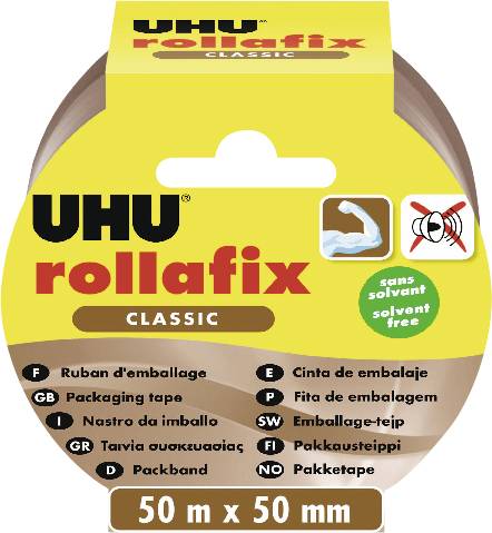UHU Rollafix Classic Packband, gelb und braun, beschriftet mit „50 m x 50 mm
