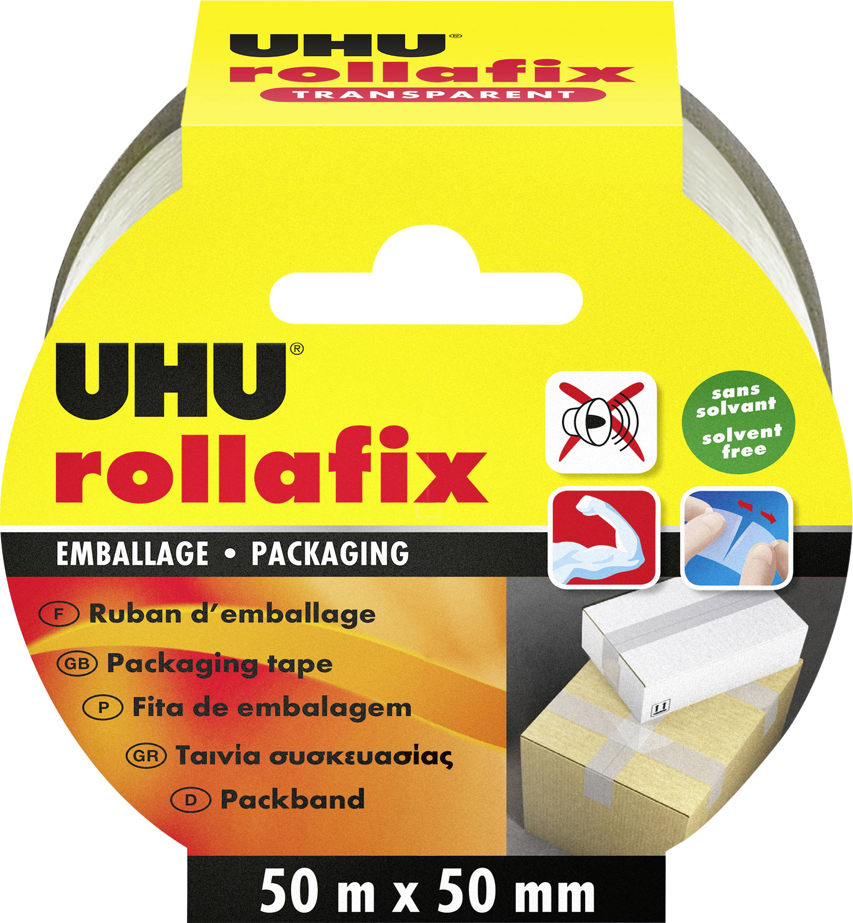 Paket UHU Rollafix transparentes Packband, 50 m x 50 mm, mit lösungsmittelfreiem Etikett und Kartonversiegelungssymbolen.