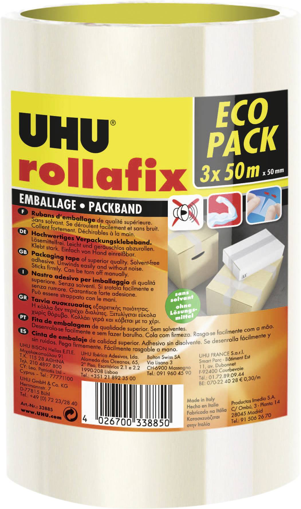Rolle UHU rollafix ECO PACK Packband, 3 x 50 m, dargestellt auf der Produktverpackung.