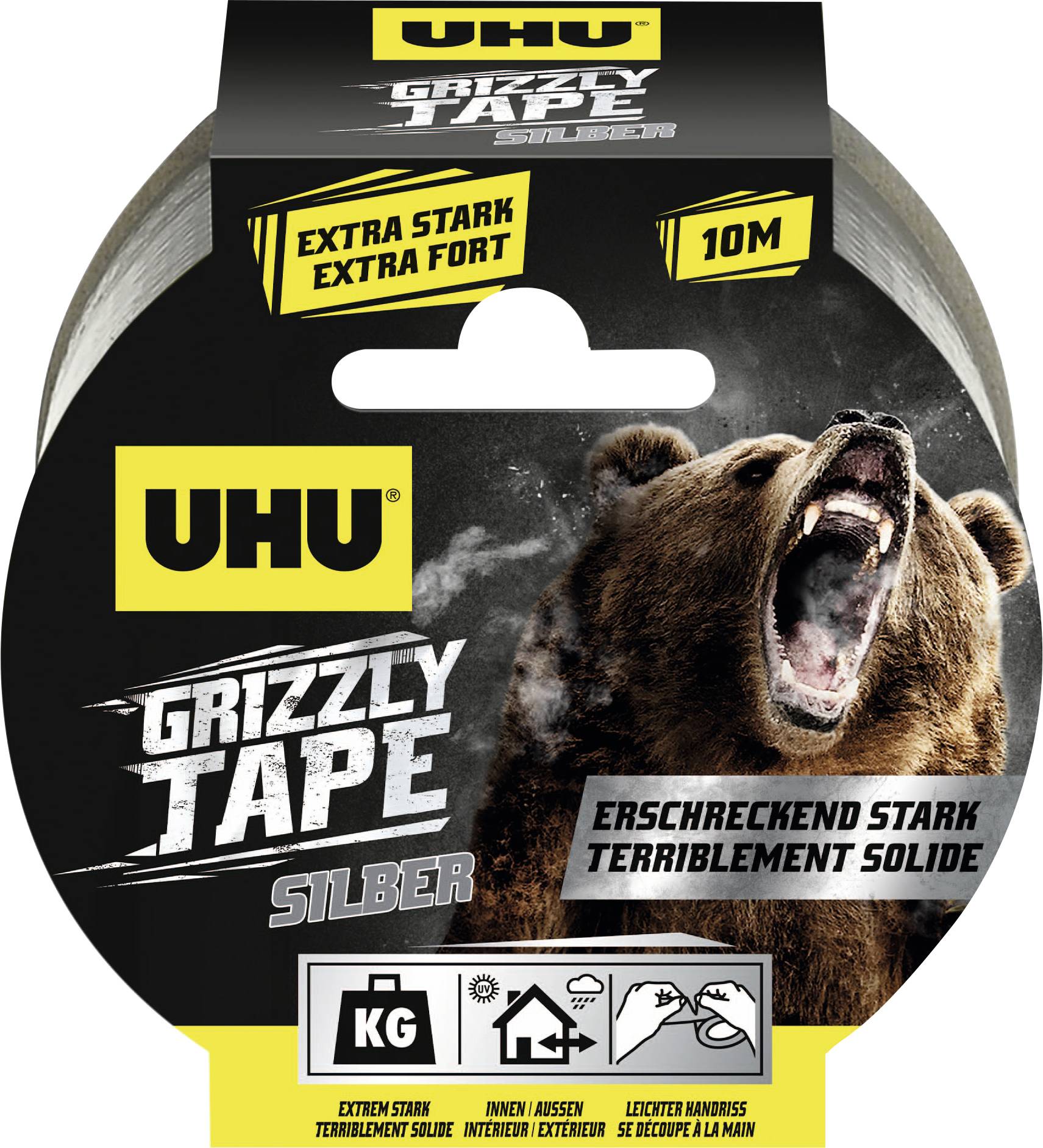 UHU Grizzly Tape Silber-Verpackung mit einer brüllenden Bärengrafik, beschriftet mit 