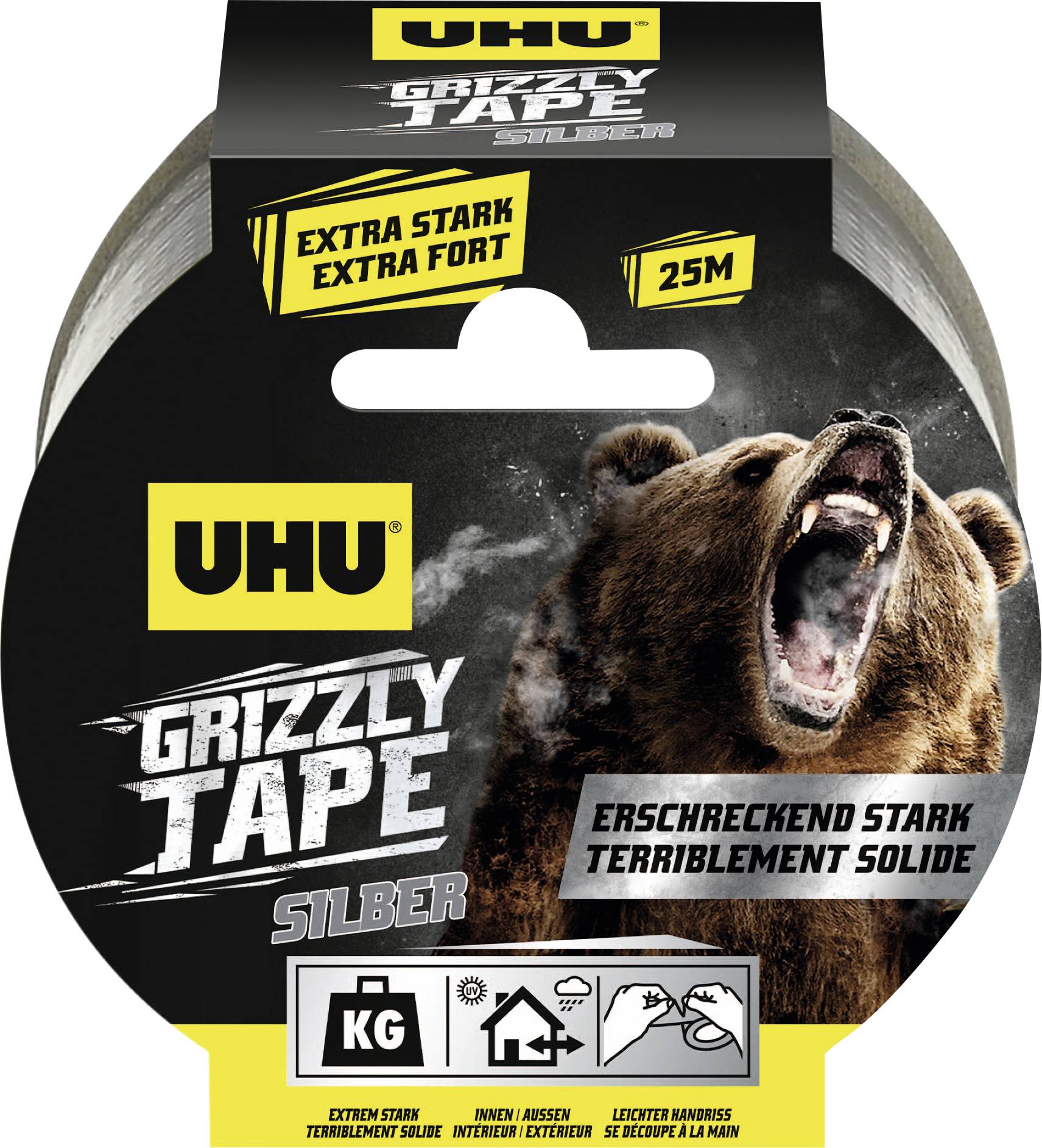UHU Grizzly Tape Silber-Packung mit einem brüllenden Bären, gekennzeichnet mit „Extra Stark/Extra Fort