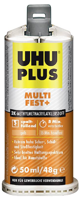 UHU PLUS Multi Fest+ 2-Komponenten-Klebstoff in der Tube, 50 ml/48 g, für harte, stoßfeste Verbindungen mit 5-Minuten-Verarbeitungszeit und 15-Minuten-Handlingzeit.