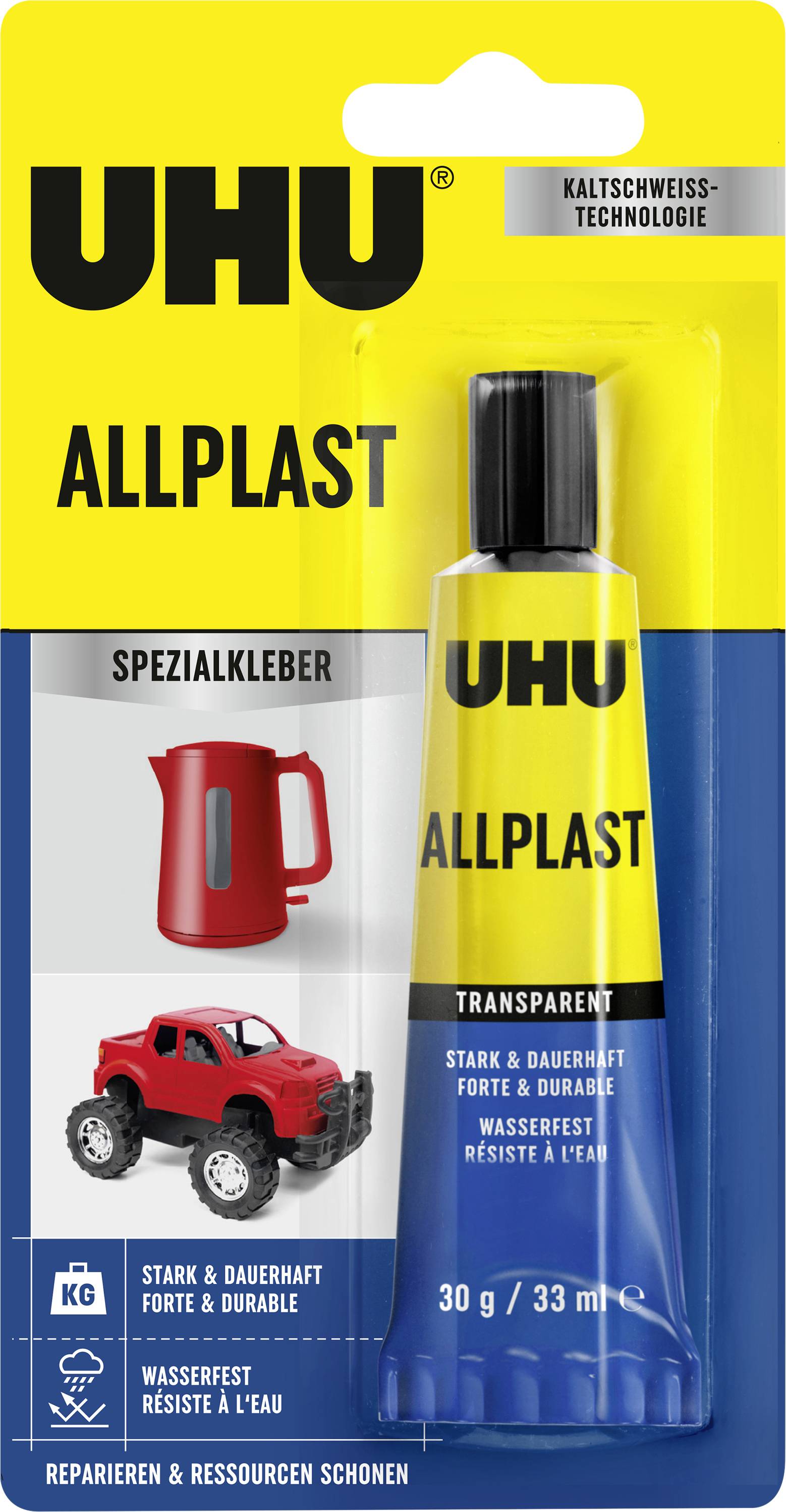 UHU Allplast Spezialkleber-Paket, transparent, 30-g-Tube, gezeigt mit Etiketten und Anwendungsbeispielen für Kunststoffreparaturen und Wasserfestigkeit.