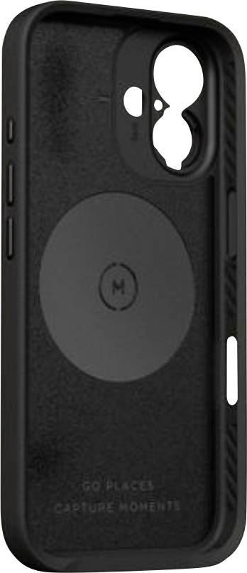 Schwarze Smartphone-Schutzhülle mit großer Kameraaussparung, MagSafe-ähnlichem kreisförmigem Ring und Seitentastenöffnungen.