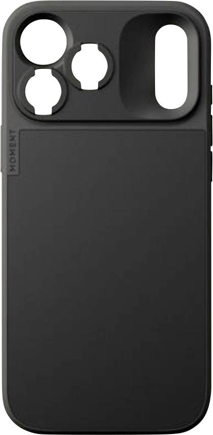 Schwarze Smartphone-Hülle mit großen Kameraausschnitten und einer strukturierten Griffplatte auf der Rückseite.