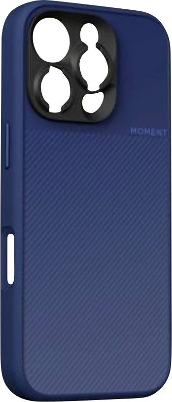 Blaue strukturierte Smartphone-Hülle mit erhabener schwarzer Kameraausschnitt auf der Rückseite, von hinten gezeigt.