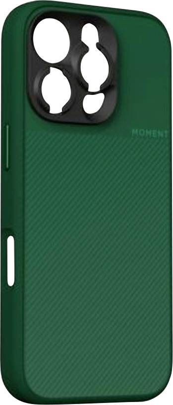 Grüne strukturierte Smartphone-Schutzhülle mit schwarzem erhöhtem Kameraausschnitt und seitlicher Tastenöffnung, von hinten gezeigt.
