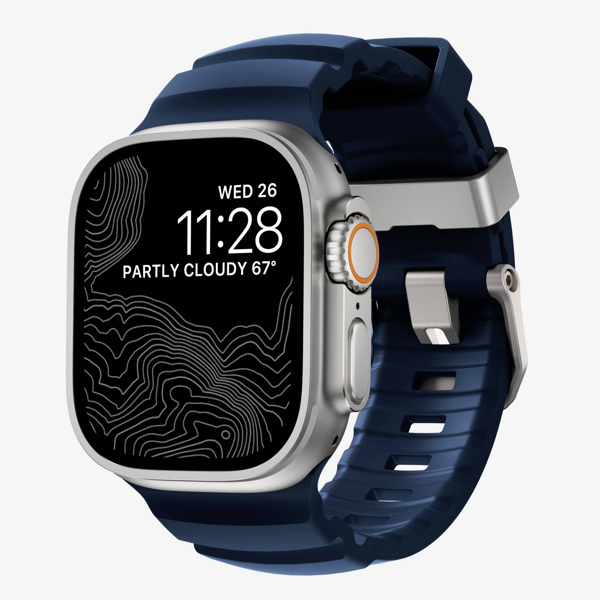 Silberne Smartwatch mit blauem Armband, die 11:28, Mi 26 und „Teilweise bewölkt 67°