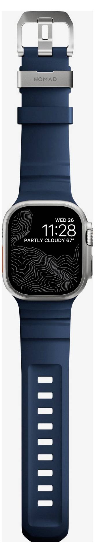 Blaue Smartwatch mit silbernem Gehäuse und dunklem Armband, zeigt die Zeit 11:28 und das Wetter an; digitales Display mit Mi 24 und teilweise bewölkt.