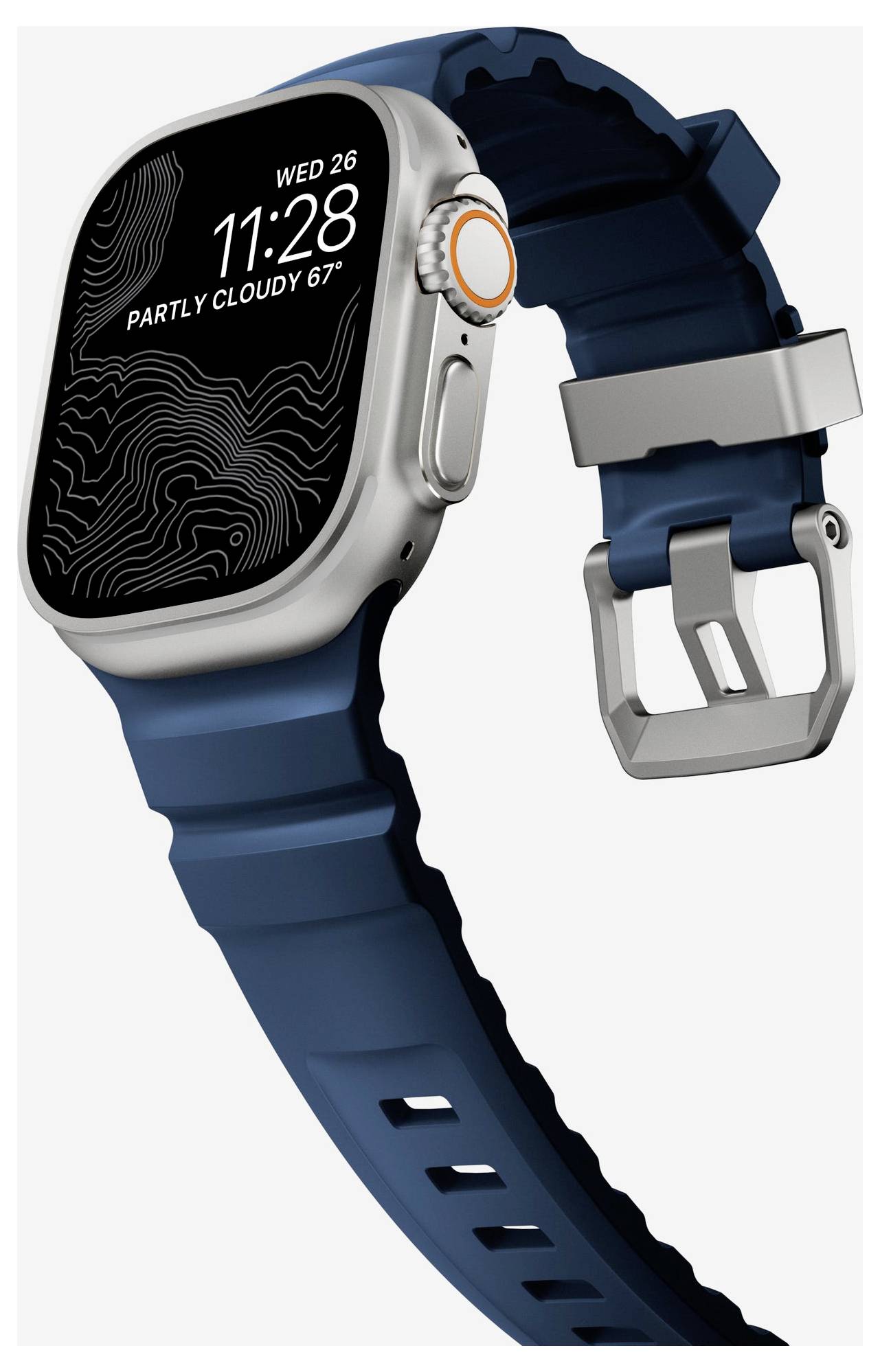 Apple Watch Ultra mit blauem Armband, das ein Zifferblatt mit der Anzeige „WED 26 11:28" und „PARTLY CLOUDY 67°" zeigt