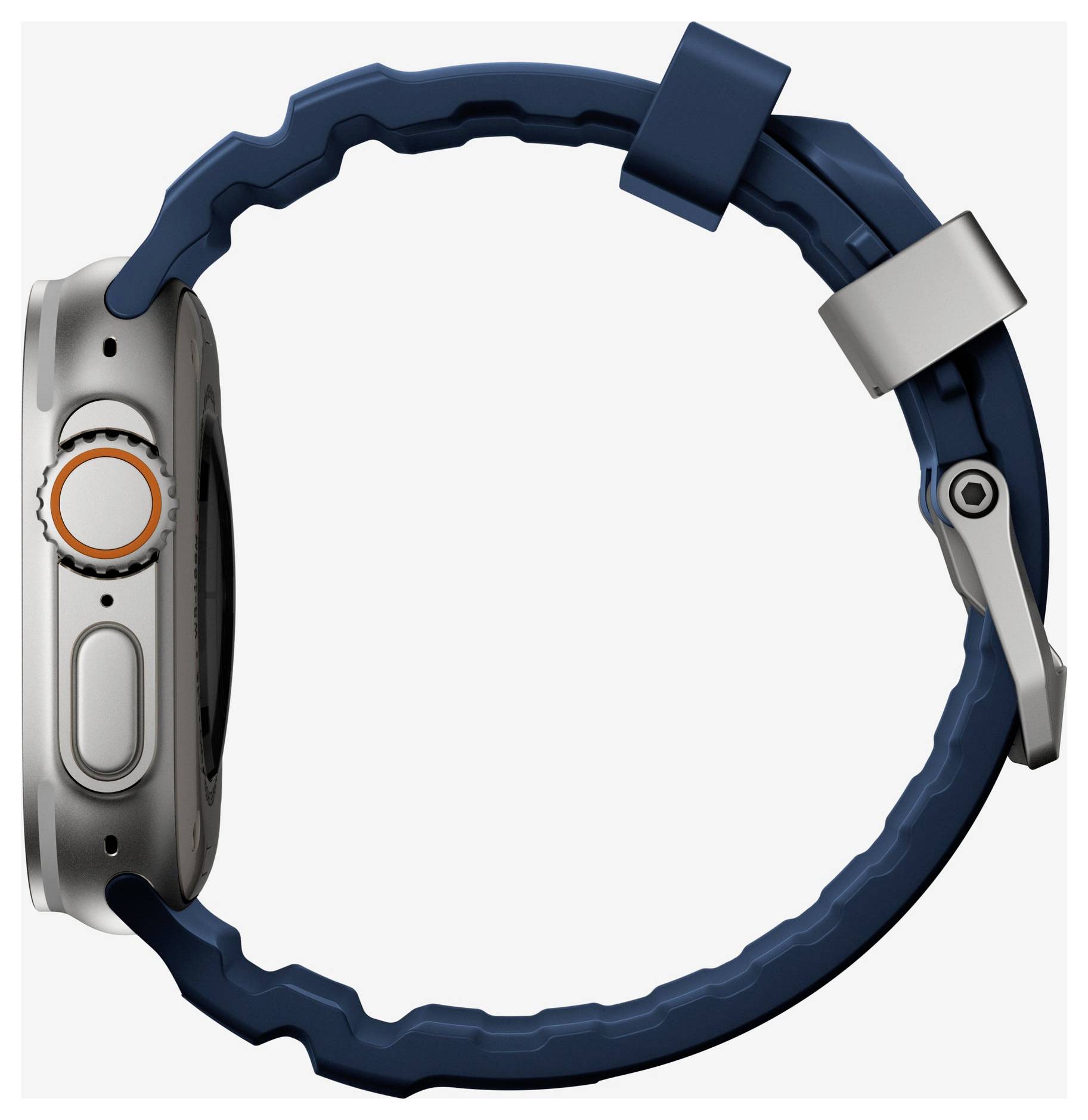Seitenansicht einer marineblau Smartwatch mit silbernem Gehäuse und digitaler Krone auf einem weißen Hintergrund.