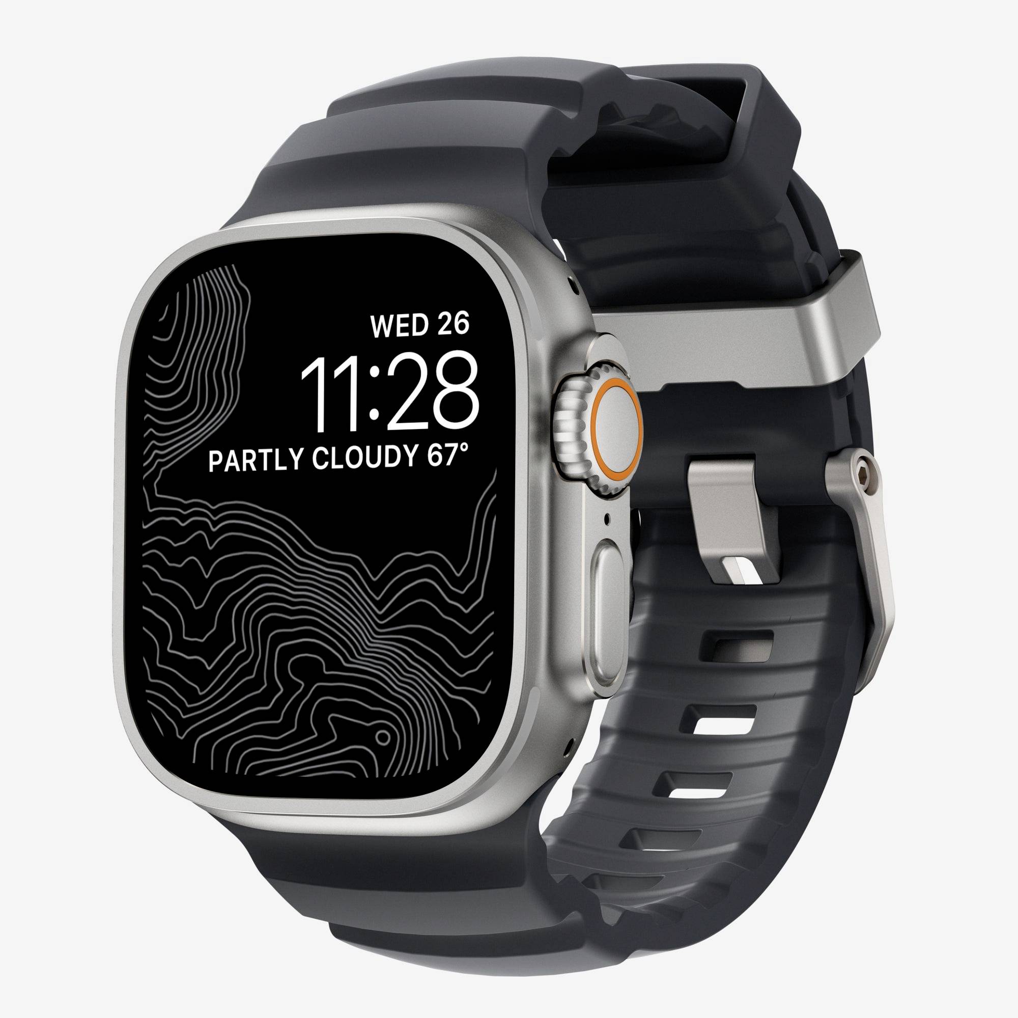 Silberne Smartwatch mit schwarzem Armband, die 11:28, Mi 26 und „Teilweise bewölkt 67°