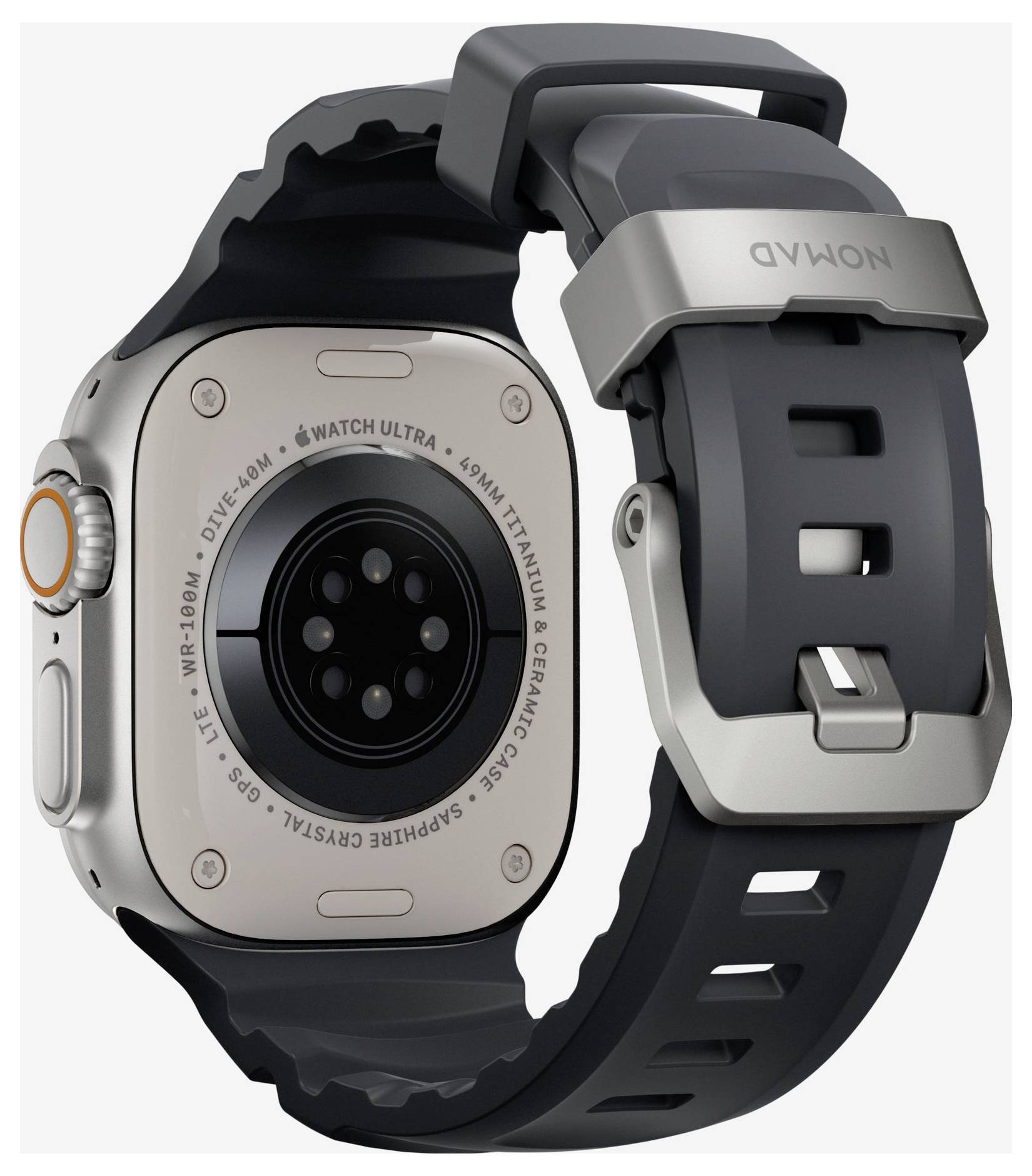 Rückansicht einer Apple Watch Ultra mit schwarzem robustem Armband, das die Sensoren und das Titaniumgehäuse zeigt.