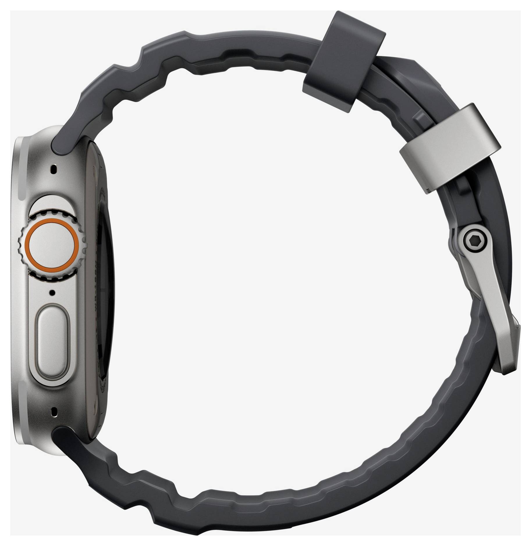 Seitenansicht einer schwarzen Smartwatch mit robustem Band und digitaler Krone, gezeigt vor einem einfachen weißen Hintergrund.