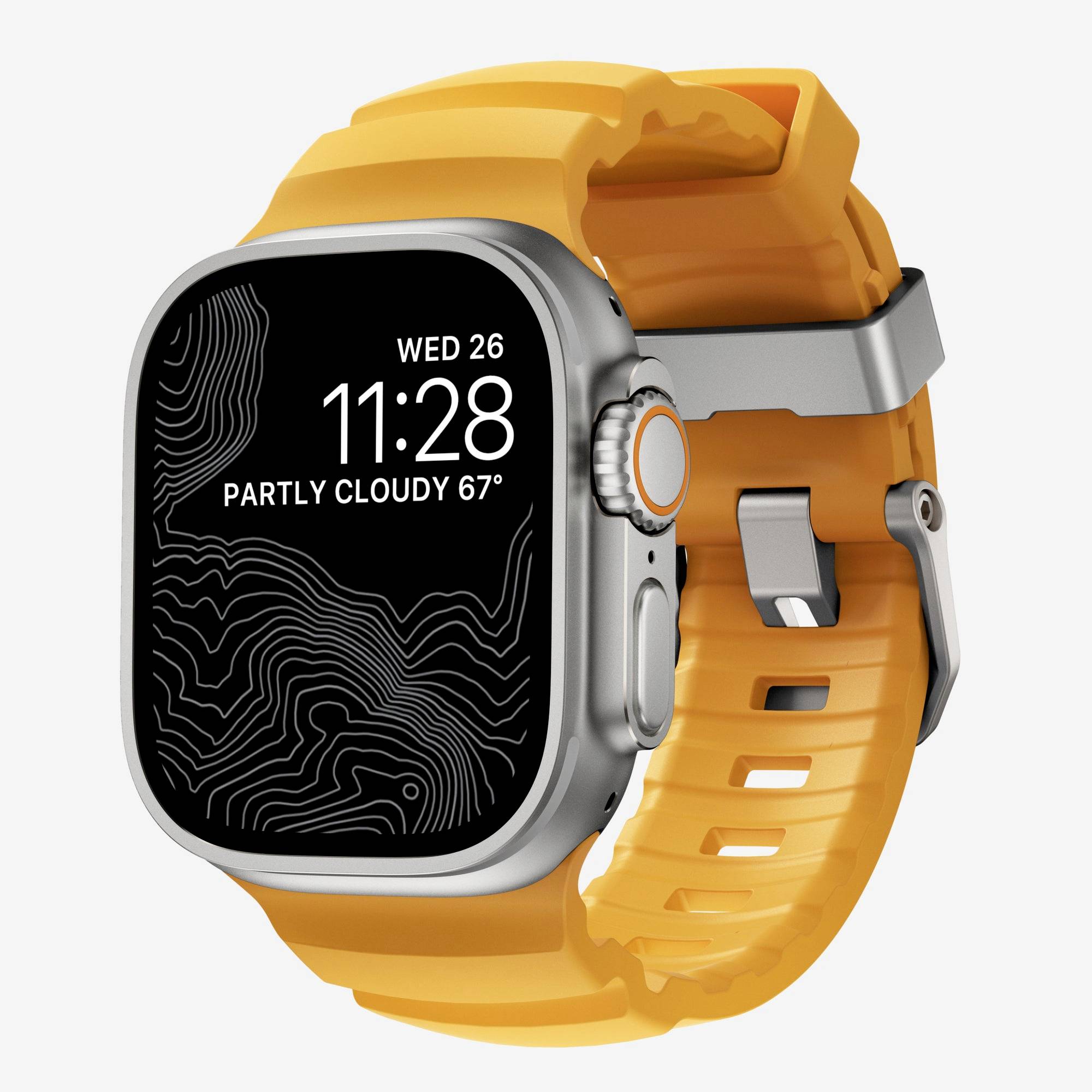Orange-Smartwatch mit schwarzem Display, das „WED 26