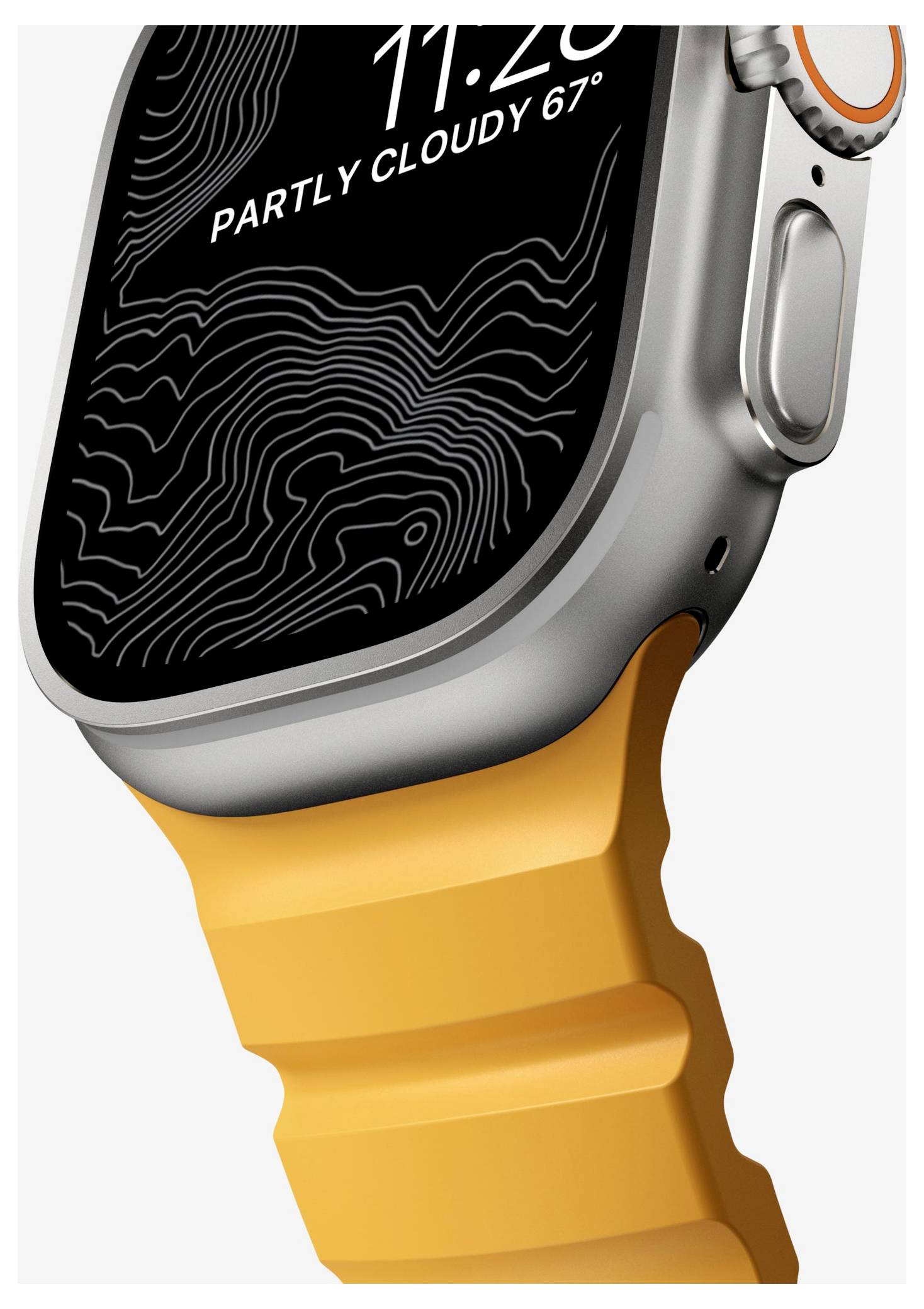 Nahaufnahme einer silbernen Smartwatch mit schwarzem Display, das 11:26 und „TEILWEISE BEWÖLKT 67°" anzeigt, kombiniert mit einem leuchtend orangefarbenen Armband.