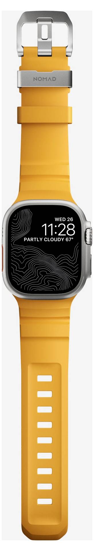 Orange Smartwatch mit schwarzem quadratischem Display, das 'WED 12 11:28' und 'PARTLY CLOUDY' anzeigt; Gehäuse und Armband in Silber/Orange.