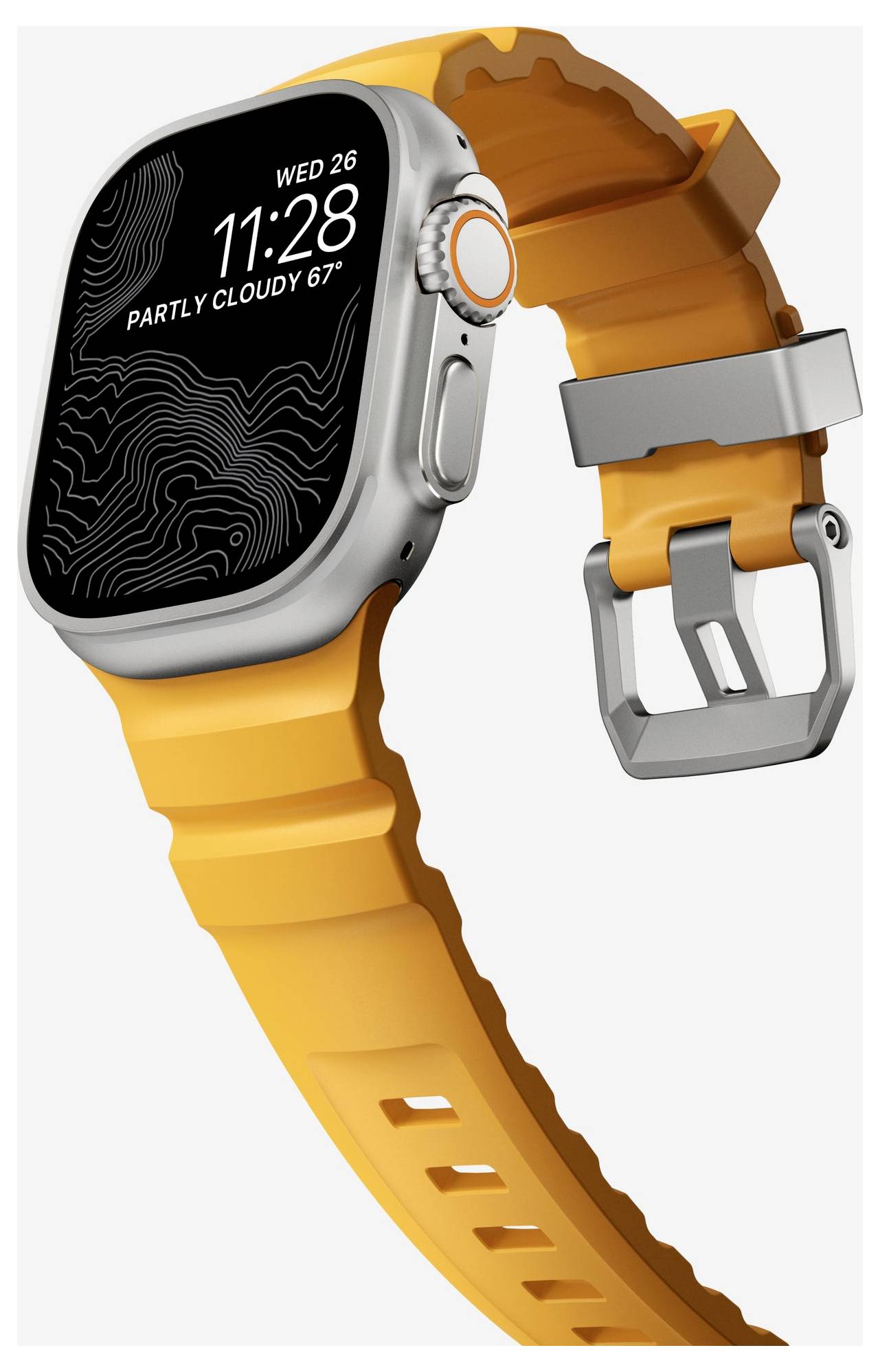 Apple Watch mit orangefarbenem Band, in einem Winkel gezeigt, das Display zeigt „WED 26 11:28" und „PARTLY CLOUDY 67°" an.