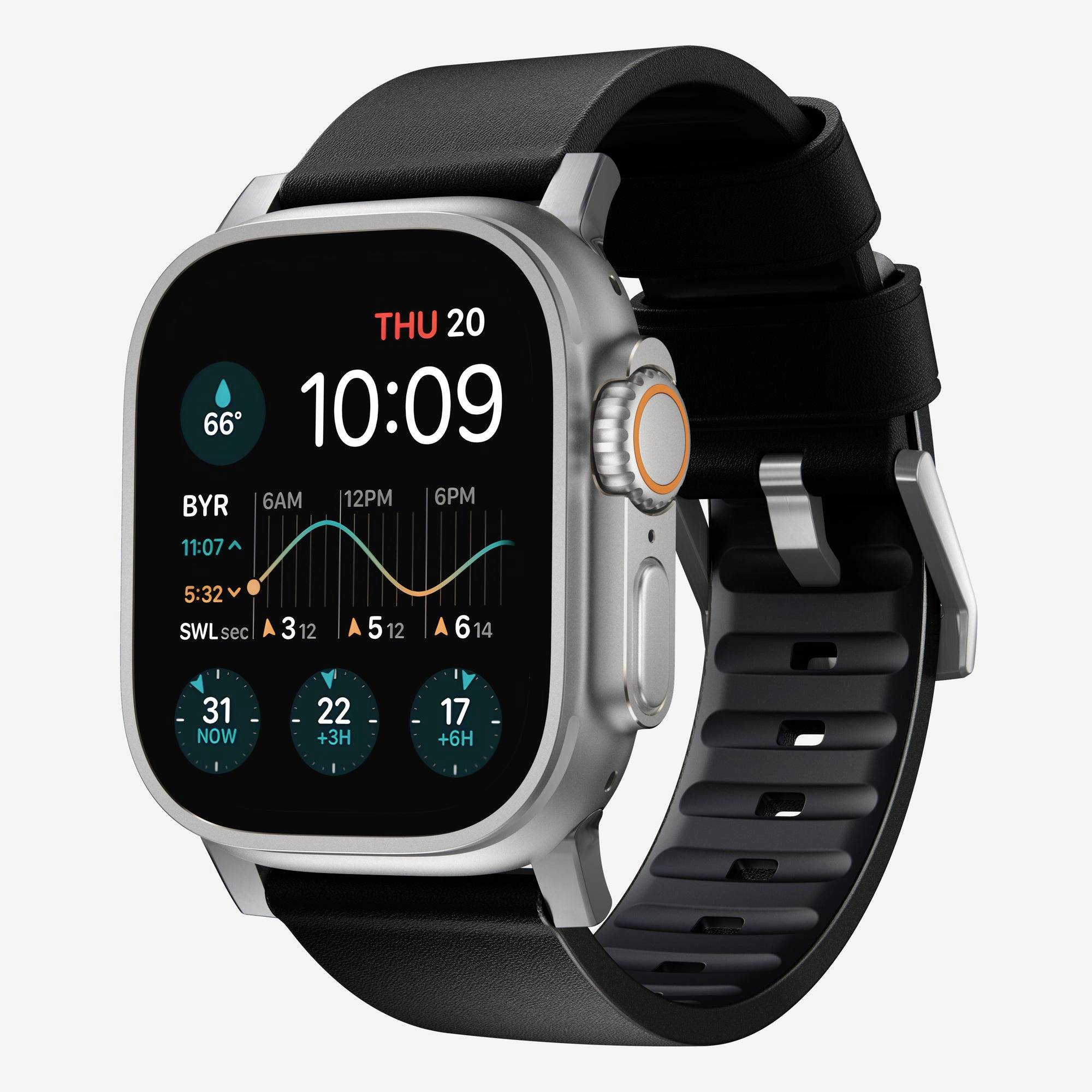 Silberne Apple Watch Ultra mit schwarzem Armband, das ein Zifferblatt mit der Uhrzeit 10:09, Donnerstag 20, Wetter- und Aktivitäts-/Diagramm-Widgets anzeigt.