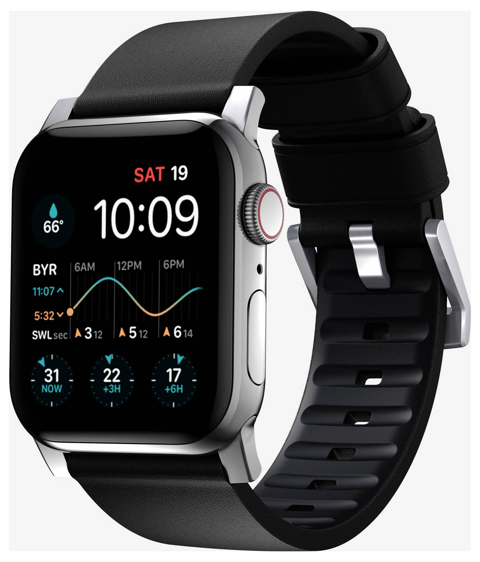 Black Apple Watch mit silbernem Gehäuse und schwarzem Sportarmband, das ein digitales Zifferblatt mit der Uhrzeit 10:09, dem Datum SA 19, Wetter und Aktivitätsstatistiken anzeigt.