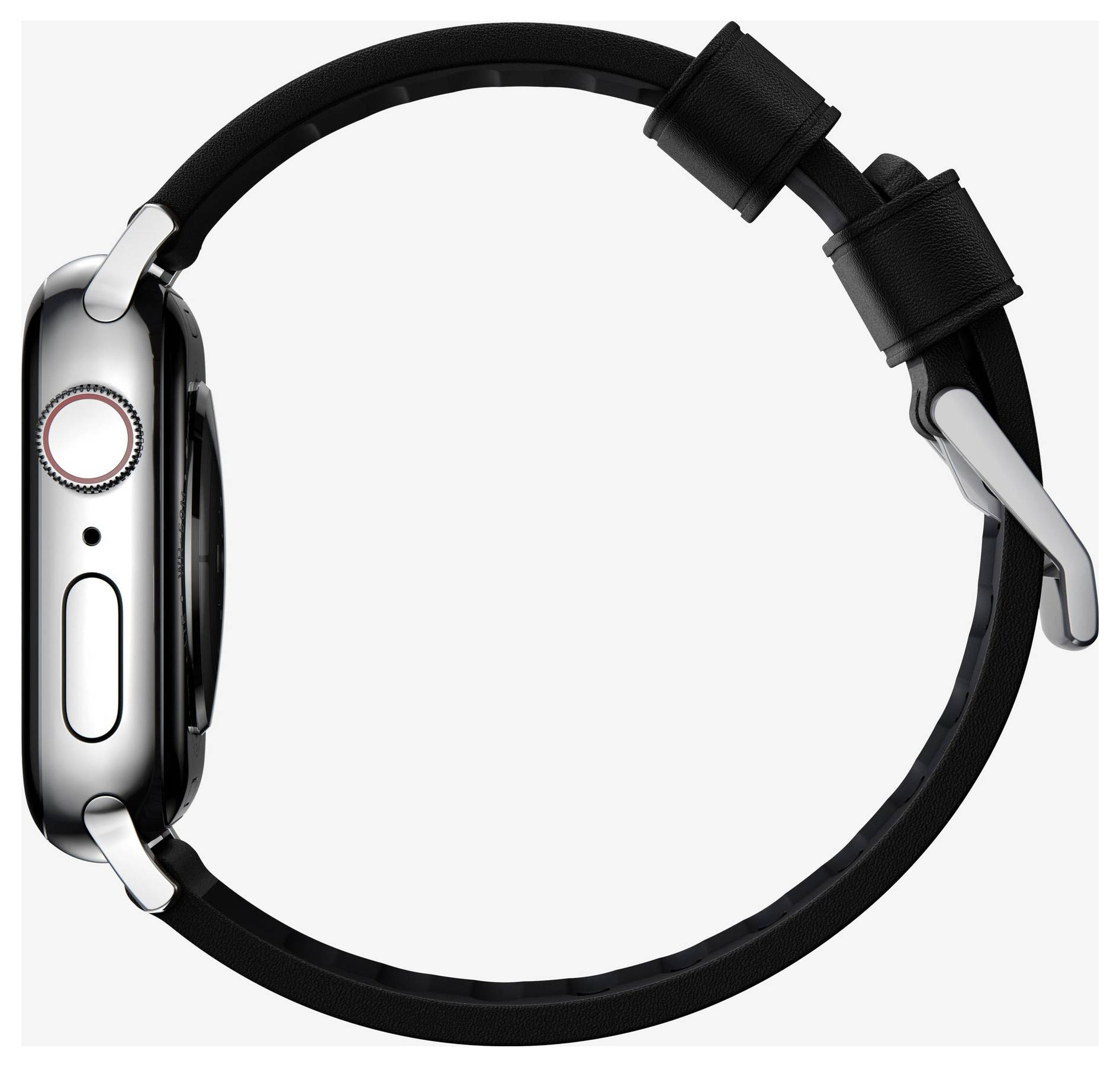Seitenansicht einer schwarzen Smartwatch mit silbernem Gehäuse und verstellbarem schwarzem Armband auf weißem Hintergrund.