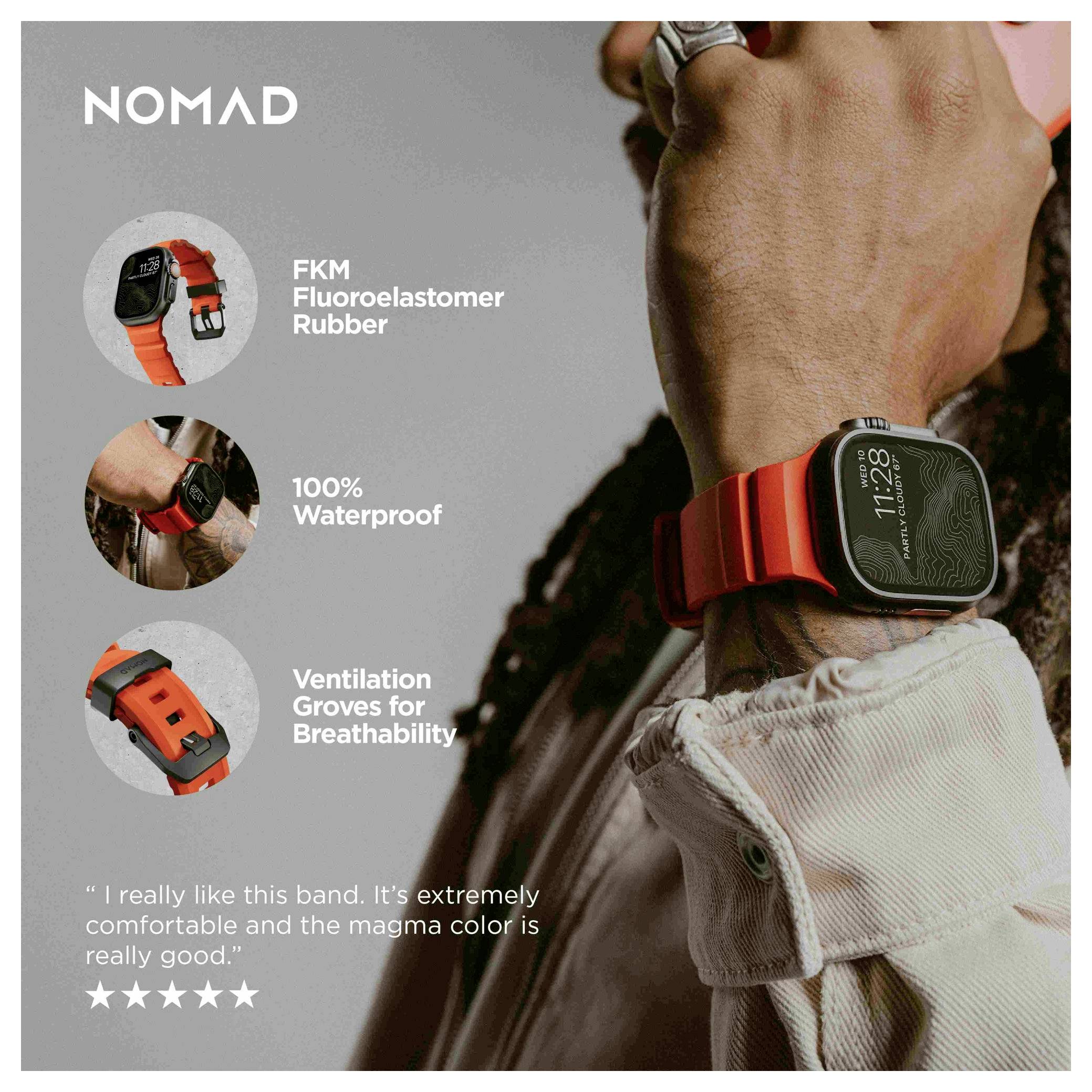 Werbebild einer Person, die ein rot-oranges Smartwatch-Armband mit der Bezeichnung NOMAD trägt, das FKM-Fluorelastomer-Gummi, 100% Wasserdichtheit und belüftete Rillen für Atmungsaktivität hervorhebt.