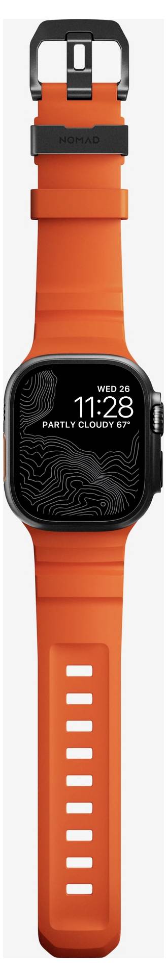 Orange-Smartwatch mit schwarzem digitalem Display, auf dem "WED 2:38", "11:28" und "PARTLY CLOUDY" angezeigt werden; vertikal dargestellt mit passendem orangefarbenem Armband.