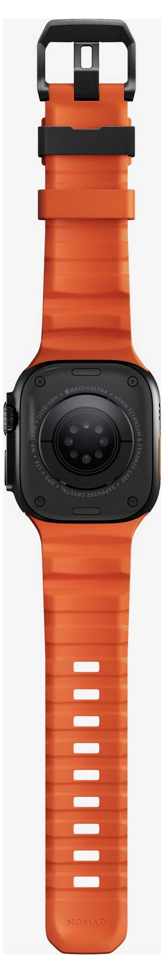 Vorderansicht einer orangefarbenen Armbanduhr mit schwarzem rundem Zifferblatt und schwarzem Schnallengurt.