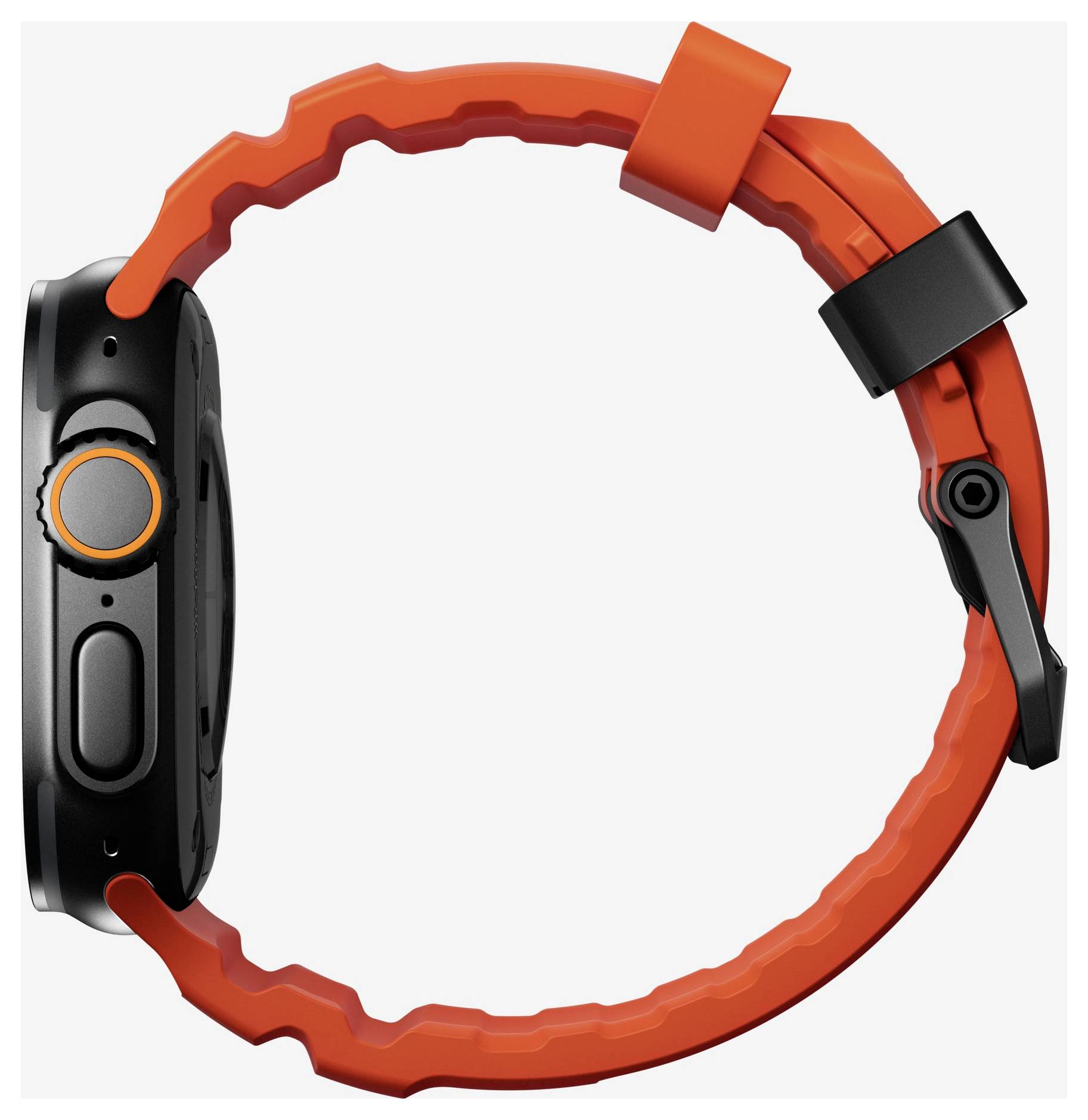 Orange und schwarze Smartwatch mit einem rotorangefarbenen Band, dargestellt in Seitenansicht auf weißem Hintergrund.