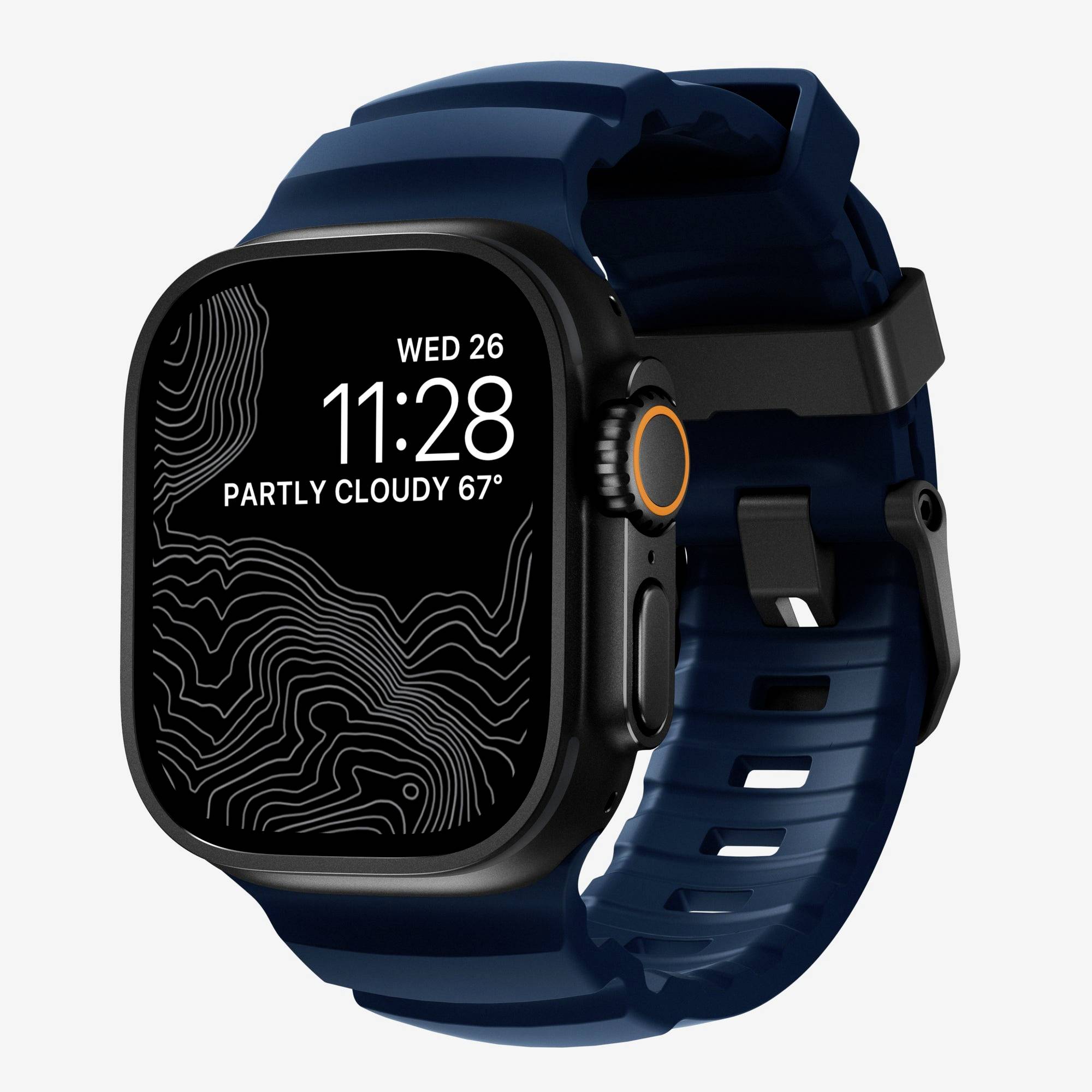 Blaue Smartwatch mit schwarzem Zifferblatt, auf dem 11:28 angezeigt wird, Wed 26 und 