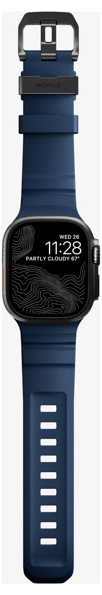 Smartwatch mit blauem Armband, das 11:28 und "WED 23" anzeigt, mit "PARTLY CLOUDY" und einem strukturierten schwarzen Zifferblatt.